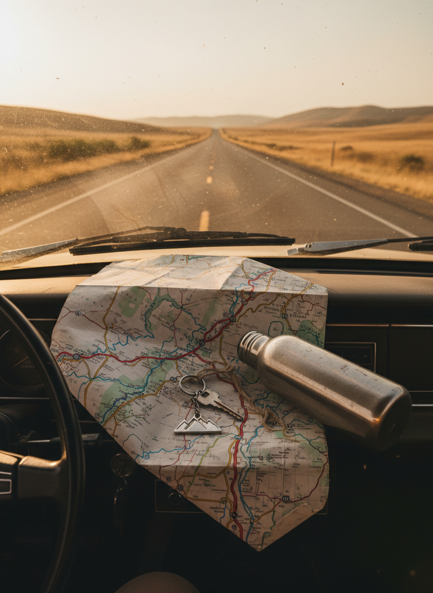 A faded road map, creased and softened at the folds, stretches across the dashboard of an aging, dust-speckled car interior. A keyring with a scuffed metal key and a tiny mountain charm rests on the map, alongside a half-empty, scratched stainless steel water bottle. Outside the windshield, a long two-lane highway disappears into a hazy, sunlit horizon framed by distant hills. Golden hour light pours in, illuminating dust motes and casting warm highlights on the dashboard’s worn texture. Photographic realism, wide-angle composition from the passenger seat, evoking a sense of real journeys, choices, and the wisdom found along uncertain roads.