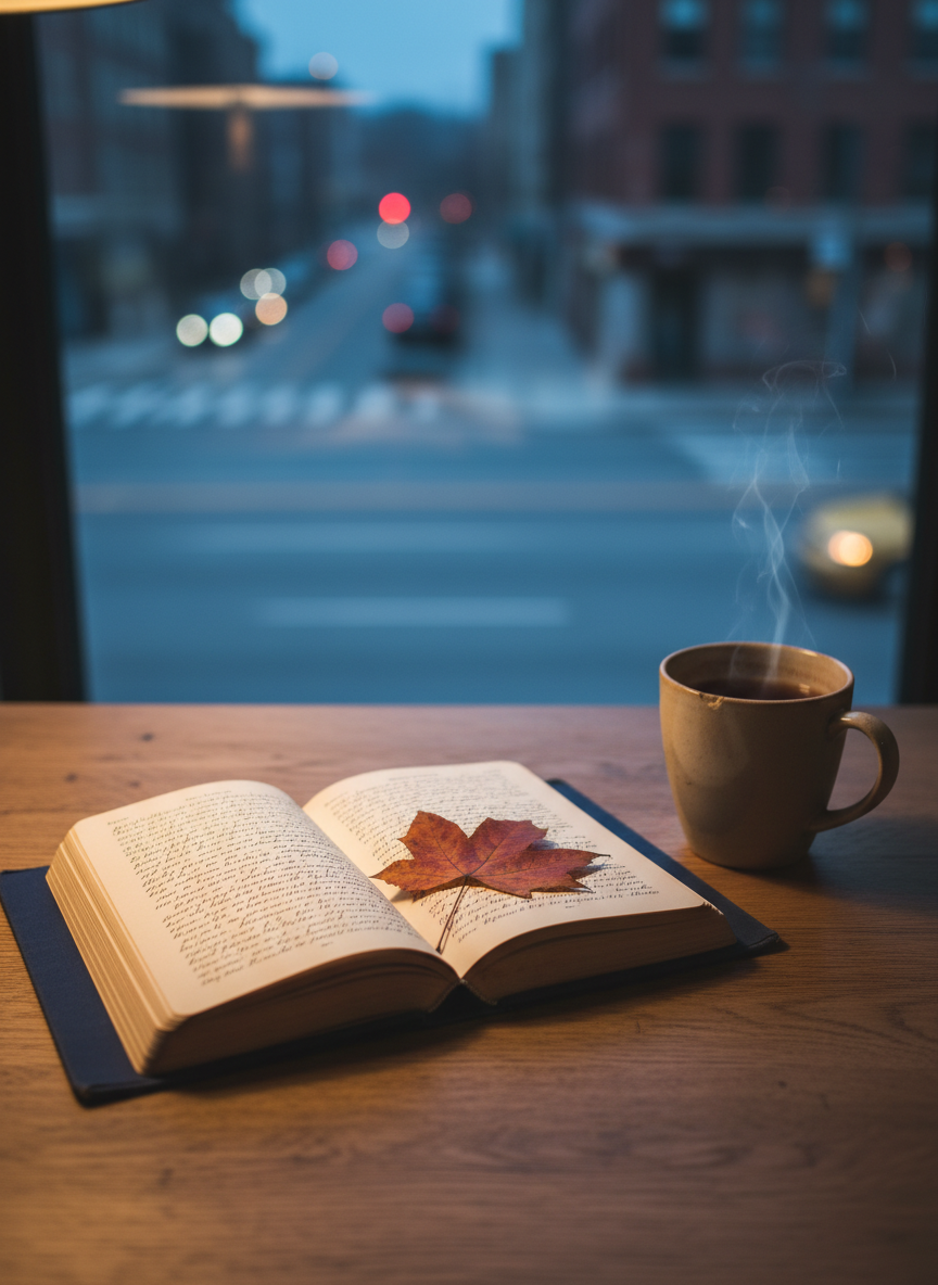 A weathered hardcover journal with a deep indigo cloth cover lies open on an oak table, its creamy pages filled with small, handwritten lines and a pressed autumn leaf tucked between them. A chipped ceramic mug with faint tea stains rests nearby, a thin curl of steam rising. The scene is set beside a large window overlooking a softly out-of-focus city street at dusk. Warm, diffused lamplight mingles with the cool blue twilight, casting gentle, uneven shadows. Photographic realism, shot from a slightly elevated angle with shallow depth of field, creating an intimate, contemplative mood that suggests real, hard-won life experiences captured in quiet reflection.